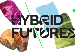The words Hybrid Futures with colourful organic shapes in the background