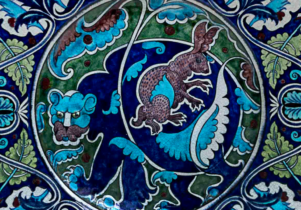 William De Morgan design, blue ceramic featuring a hare and fauna