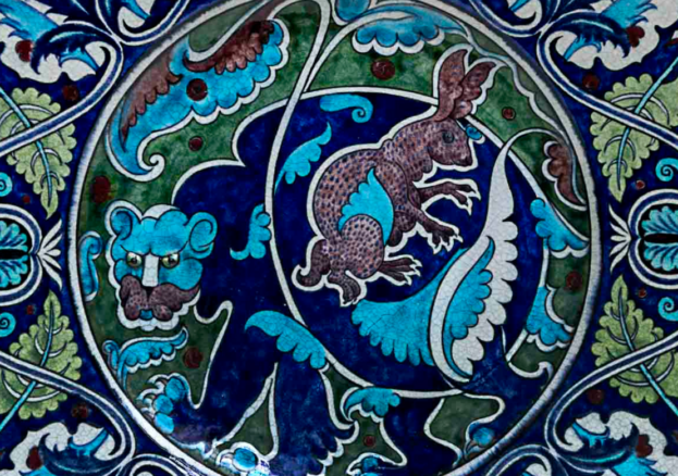 William De Morgan design, blue ceramic featuring a hare and fauna