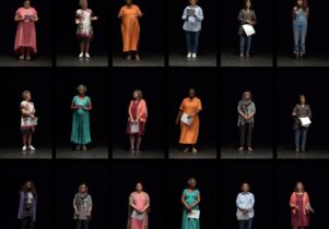 a grid of 18 women standing looking straight on