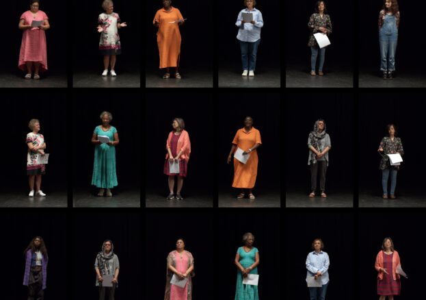 a grid of 18 women standing looking straight on