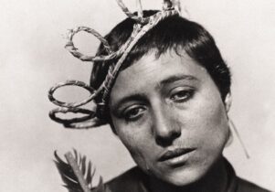 A black and white still from the film The Passion of Joan of Arc featuring the head and shoulders of Joan wearing a crown