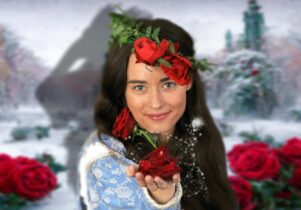 Belle from Beauty and the Beast framed by red roses