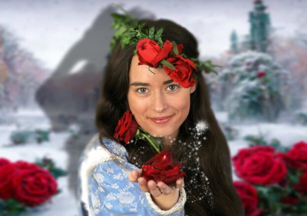 Belle from Beauty and the Beast framed by red roses