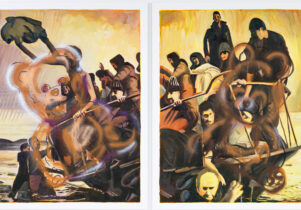 Oil painting diptych depicting migrants crossing the ocean on a small boat overlayed with teddy bear emojis.