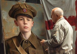 An old man in paint splattered overalls stands in front of a canvas. On the canvas is a pointing of a young man in a WWII soldiers uniform.