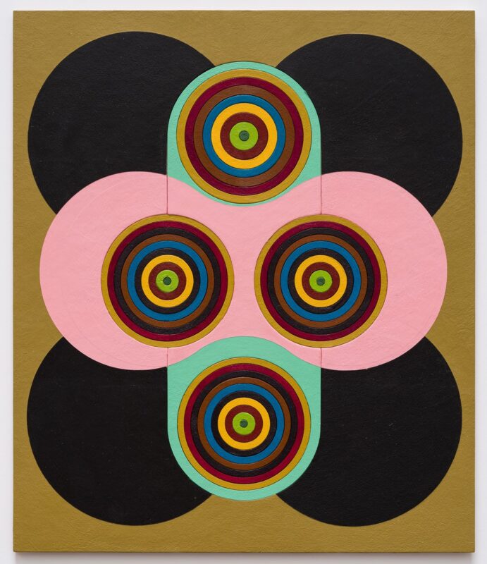 Abstract painting of overlapping black, pink and multicoloured circles on a light brown background.