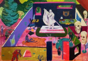 A painting of several figures in a fantastical colourful landscape, who appear to be making flags using fabric pieces.