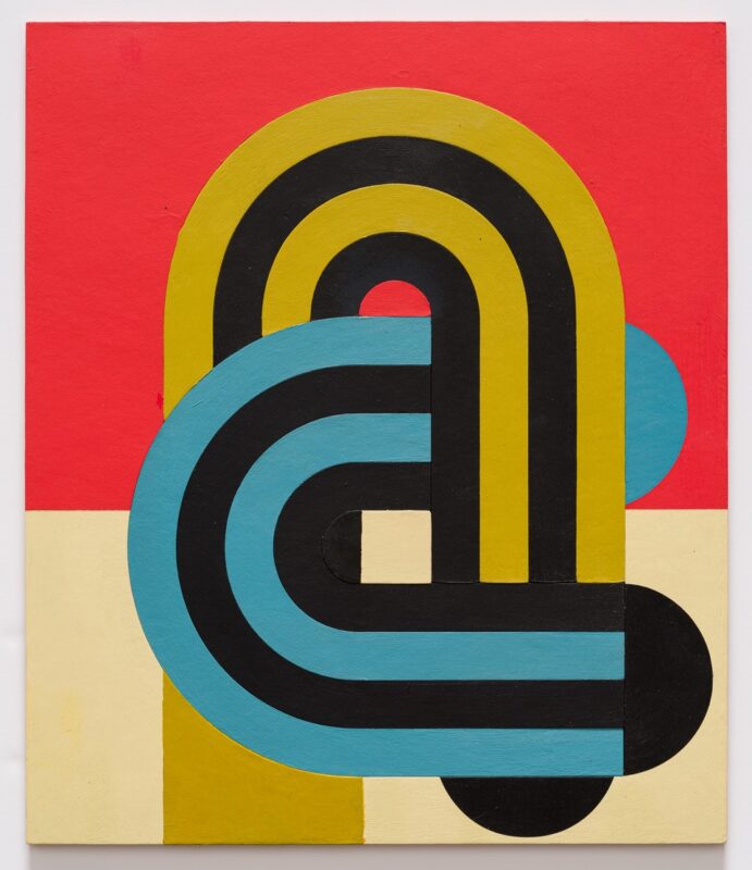 An abstract painting of blue and black striped and yellow and black striped curved lines of a pink and white background.