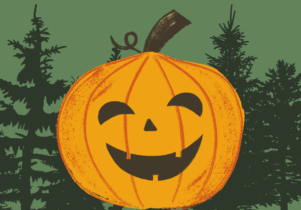 Pumpkin in front of trees. 