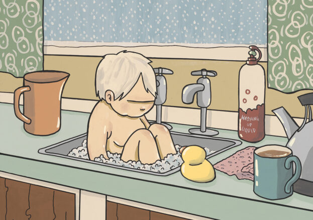 A painting of a young child being bathed in a sink of a 197s style kitchen. Around the sink are a rubber duck, a bottle of washing up liquid, a jug, a kettle and a mug.