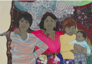 A painted and collaged artwork, showing three women standing together one holds a baby, they are all wearing clothes made from bright or patterned fabrics.