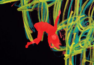 A painting by Michael Beard showing yellow, red and blue lines on a black background. There is a red image of a dancer upside down overlayed on the painting.