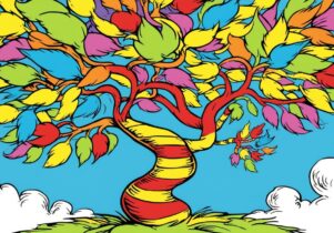 Seussical Jr - The Musical A multicoloured tree in the style of Dr Seuss