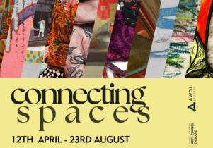 Connecting Spaces Poster. Contains exhibition information and small sections of the artist's work.