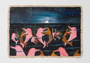 Colorful artwork showing dolphins and mermaids swimming together in a rich blue ocean.