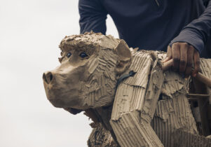 A puppet of a bear in production as a part of The Herds