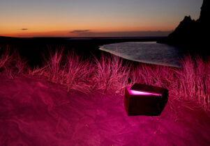 An open capsule on a beach at night. The image has a pink hue.