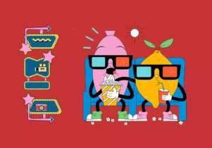 A drawing of two fruits wearing 3D glasses and sitting on cinema seats while they eat popcorn and drink soda.