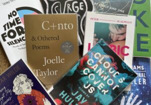 Pile of poetry books with gold, blue and white covers.
