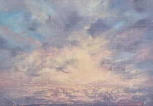 A soft pastel seascape painting depicting a serene ocean under a luminous, cloudy sky. The sky features hues of lavender, peach, blue, and pale yellow, blending gently together with expressive brushstrokes