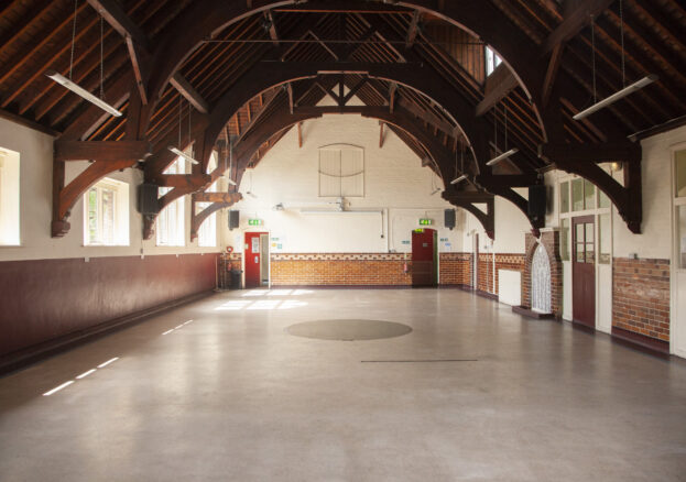 Inside main hall Birch Community Centre, showing high hammer-beam ceiling.