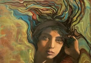 A surreal portrait of a woman with expressive eyes, her hair flowing into colourful, swirling patterns that blend with a marbled, abstract background.