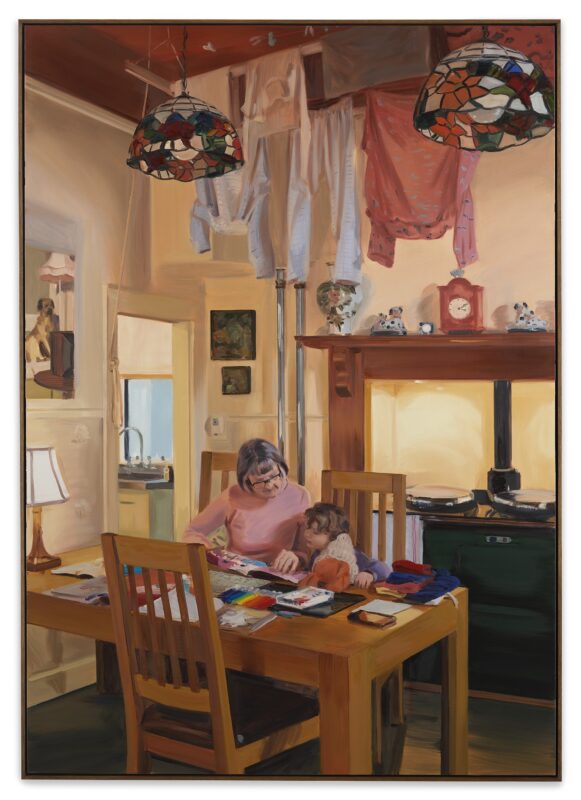 A closely observed painting of Caroline’s mother and daughter at the kitchen table, reading a book together, surrounded by laundry – a scene familiar to many parents and grandparents.