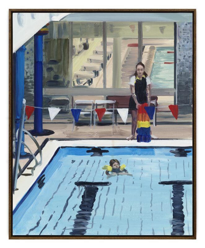 A apinting of the artist's daughter during a swimming lesson. A swimming teacher looks on from the edge of the pool.