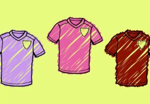 Design Your Own Football Shirt at Aviva Studios. Drawing of 2 football shirts in different colours.