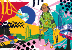 Zee and the City at City Park: A colourful collage. An illustration showing the character Zee, a large puppet of a young woman.