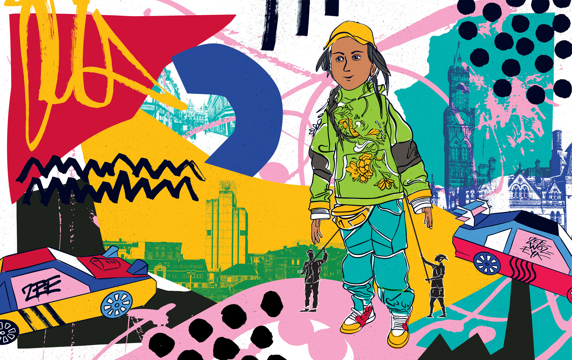 Zee and the City at City Park: A colourful collage. An illustration showing the character Zee, a large puppet of a young woman.