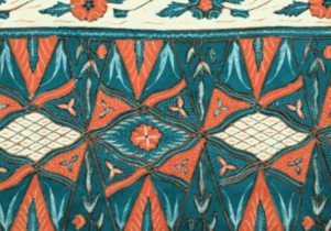 Patterned fabric in blue, brown and beige. The motifs include flowers, leaves, triangles and diamonds in repeating rows.