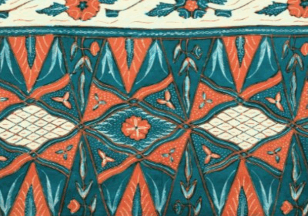 Patterned fabric in blue, brown and beige. The motifs include flowers, leaves, triangles and diamonds in repeating rows.