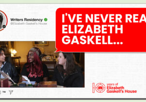 three young women sat a table. A speech bubble reads reads I've Never Read Elizabeth Gaskell