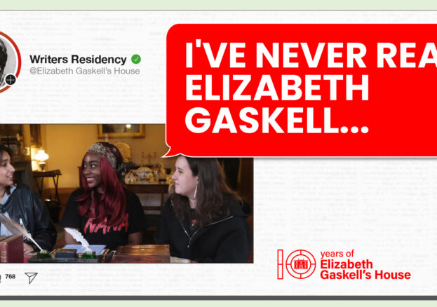 three young women sat a table. A speech bubble reads reads I've Never Read Elizabeth Gaskell