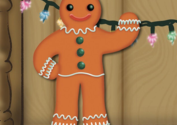 the Gingerbread man stood on a dresser waving