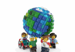 A picture of four lego characters holding a lego globe