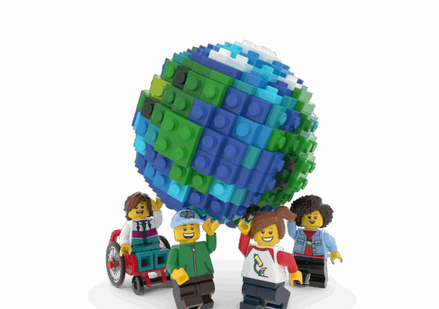 A picture of four lego characters holding a lego globe