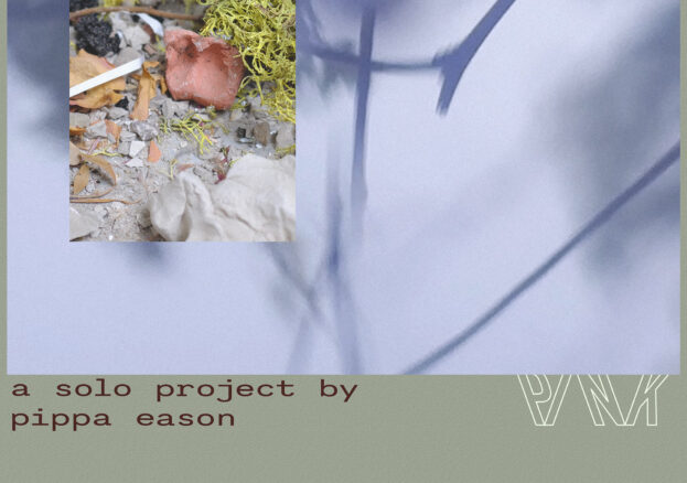 Poster for the exhibition Four-fold Reverie, a solo project by Pippa Eason at PINK. The poster features a blurred, soft-focus background in blueish tones with plant-like shadows, overlaid with a central image of a small clay object surrounded by yellow moss and scattered debris. Text reads: