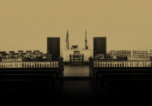 Sepia image of a courtroom with the words 'Harper Lee's To Kill A Mockingbird’