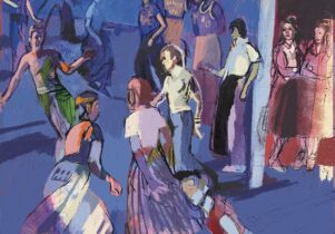 Northern Soul male and female dancers, wearing 1970s clothing. The colors are blues and purples.