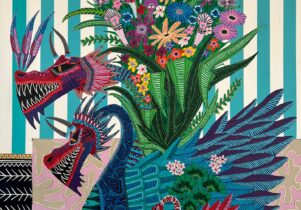 Brightly coloured painting of a fantastical creature with two dragon heads