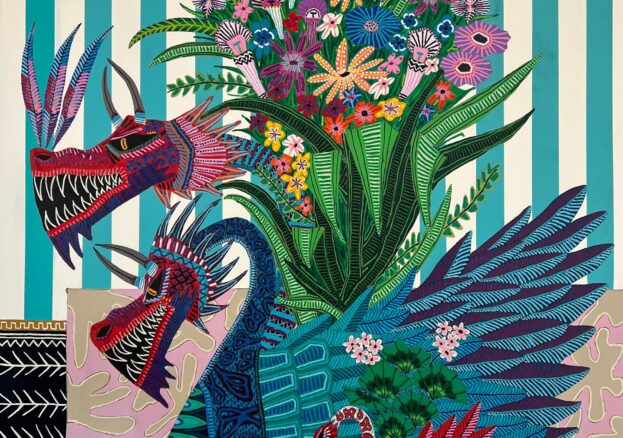 Brightly coloured painting of a fantastical creature with two dragon heads