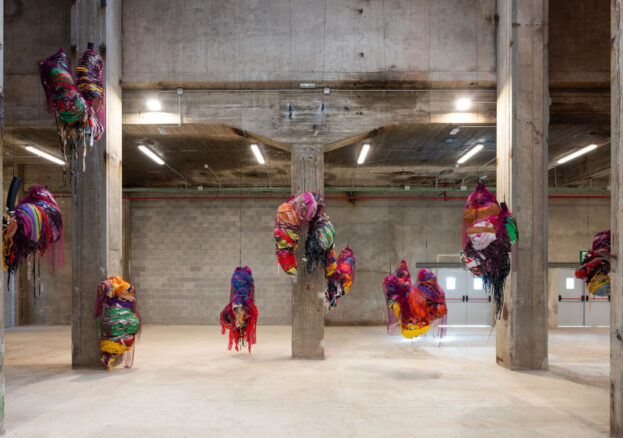 Nnena Kalu, Hanging Sculpture 1-10, installation, 2024; photo courtesy of Manifesta 15 Barcelona Metropolitana. Photo credit: Ivan Erofeev.