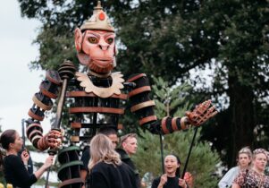 A large mechanical puppet controlled by multiple people. Encounter Festival in Preston