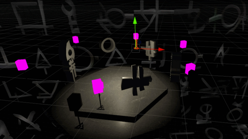 Inside the Aura Machine image - a computer image of inside 3d space with sculptures and speakers