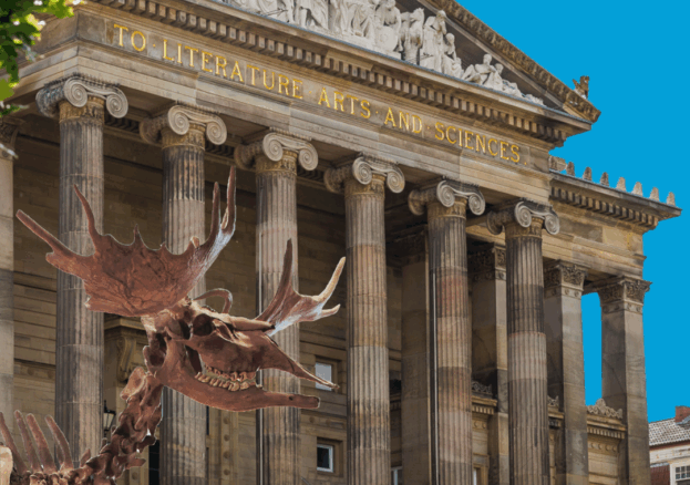 Image of The Harris Museum and Horace the Elk in front of it