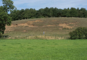 A view across a field with a hill in the background. A person stands in the distance.