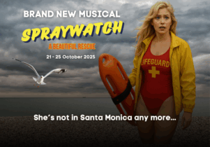 Spraywatch - A Beautiful Rescue at The Kings Arms: A startled lifeguard in a red swimsuit and yellow jacket sands on a pebble beach on the english coast